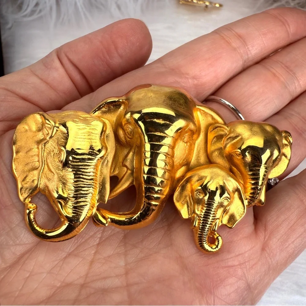 Vintage Goldtone Elephant Family Brooch Pin